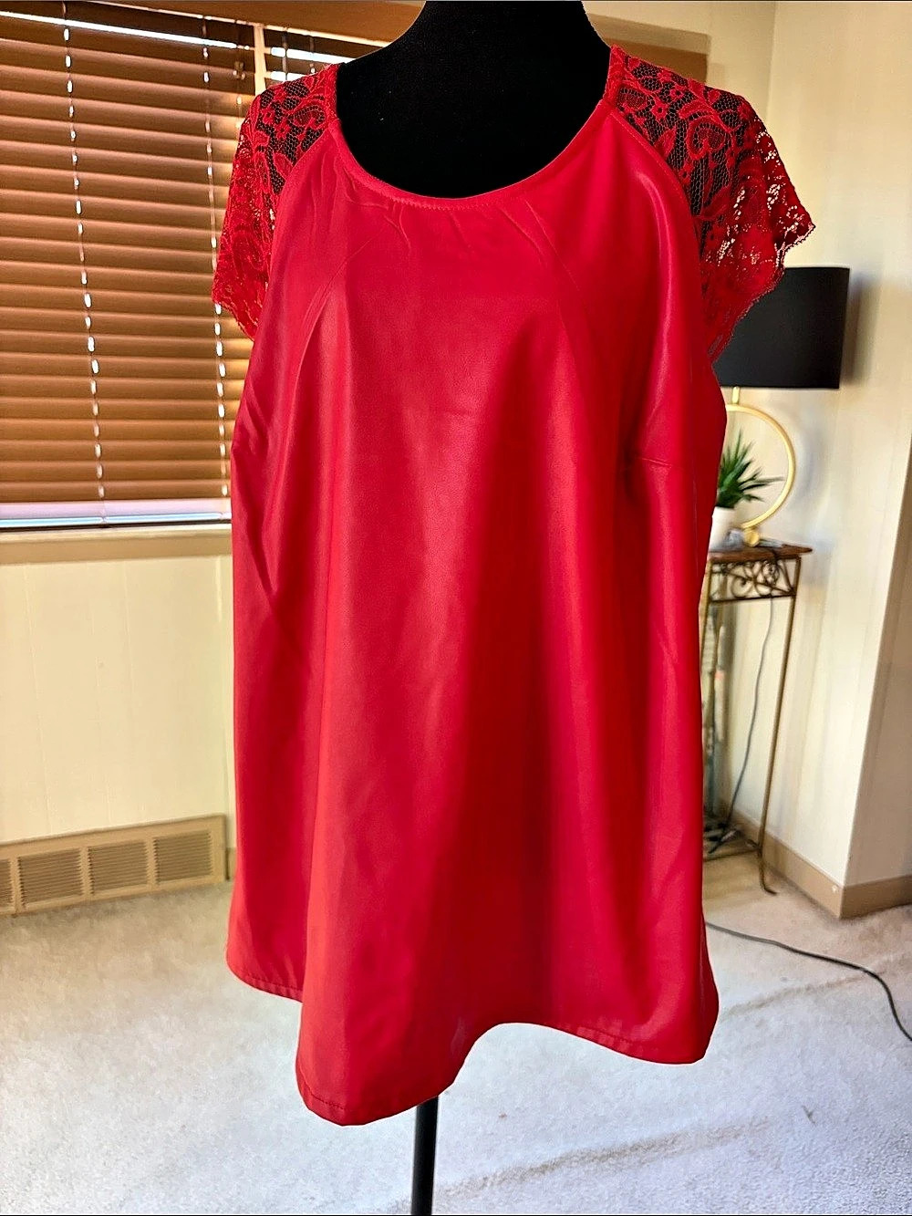 Red Lace Short-Sleeve Blouse